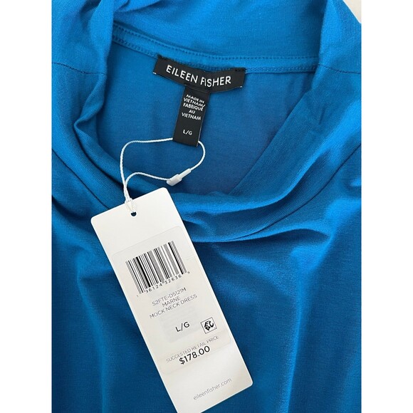 Eileen Fisher Mock Neck Tie Waist Sleeveless Dress Marine Blue $178 - L NWT - Picture 7 of 11